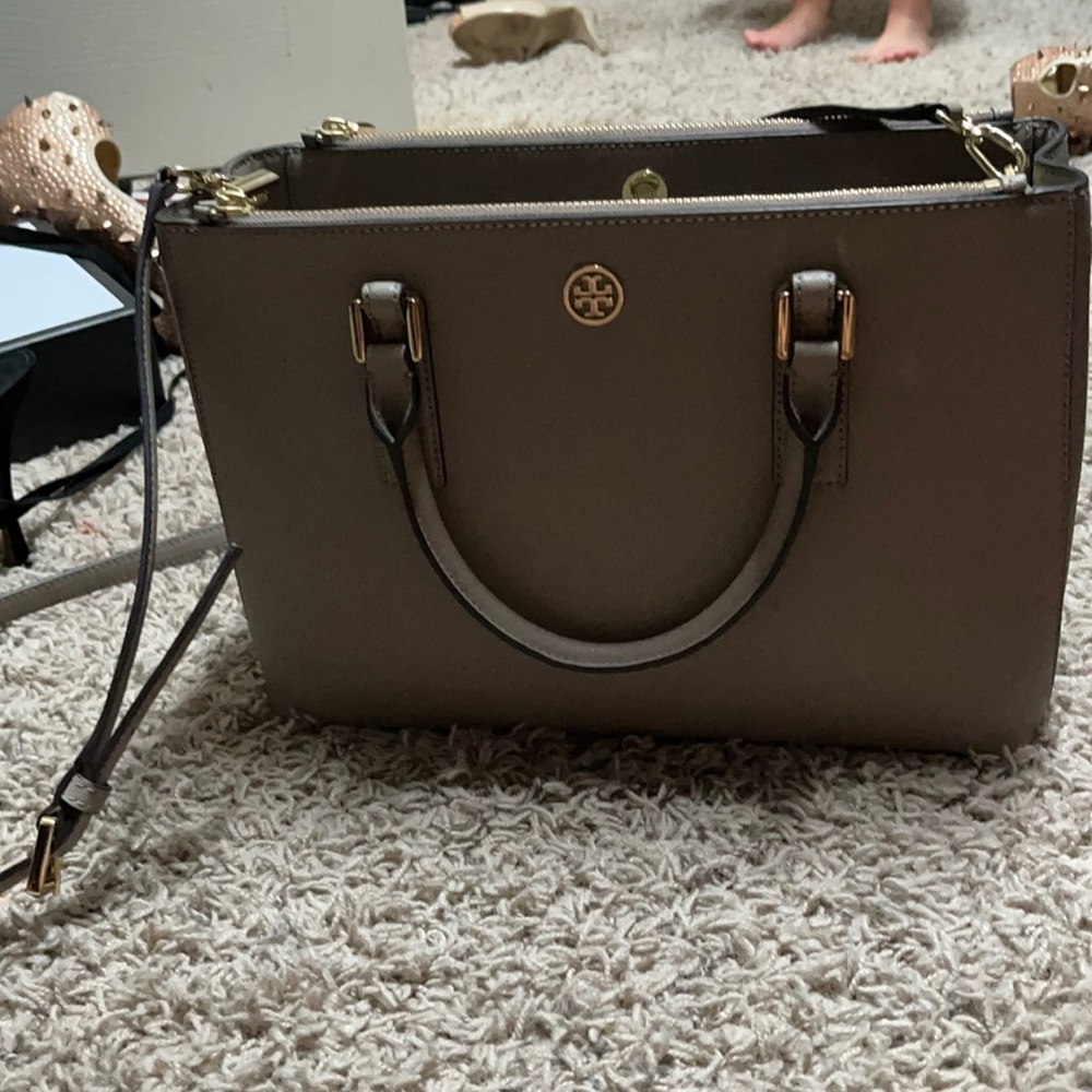 Tope gray Tory Burch bag with handles and strap small square tote.